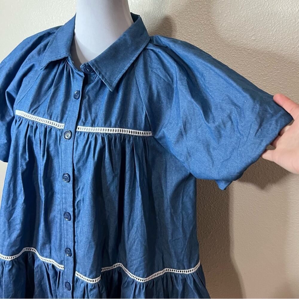 En Saison Blue Tara Puff-Sleeve Babydoll Mini Shirtdress NEW LARGE - Picture 4 of 10